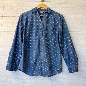 Chicos Shirt Womens Size 0 Spacey Dot Cozmo Chambray Denim Long Sleeve Cotton S
